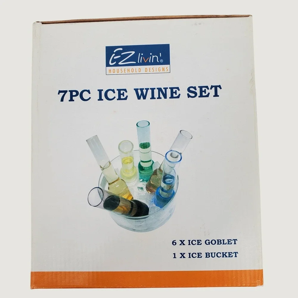 Vintage EZ Livin 7PC Ice Wine Set 6 Multi Color Glass Goblet Tubes Ice Bucket